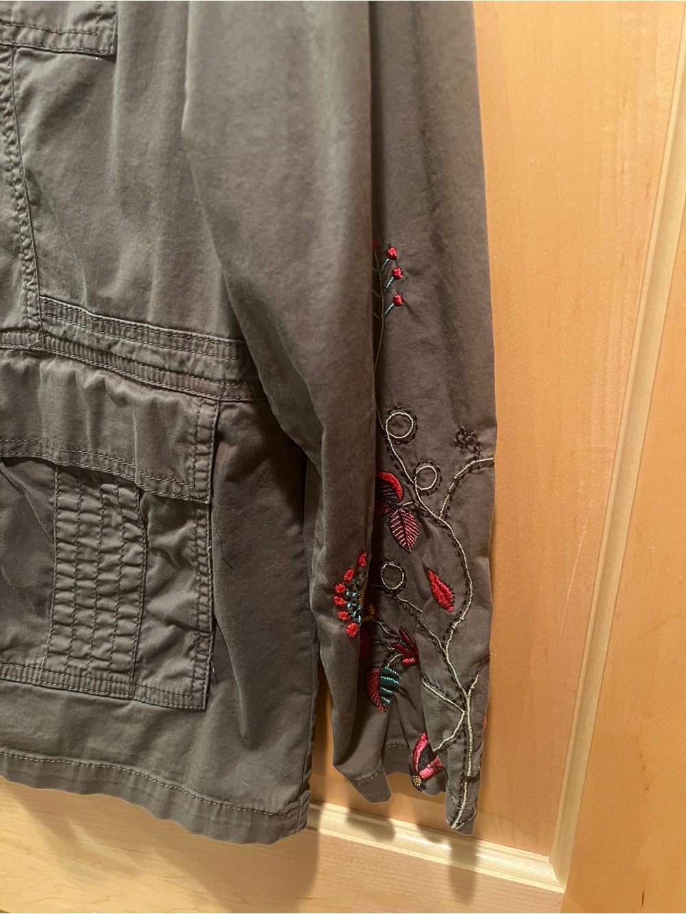 Sonoma Utility Jacket Women’s Olive Green Floral Bird Embroidered Zip-up Boho L - Picture 5 of 14